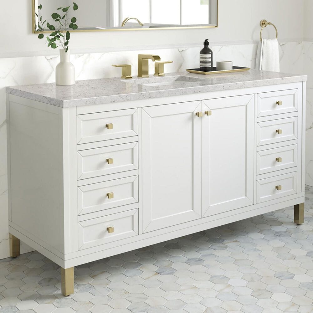 James Martin Vanities Chicago 60" Single Bathroom Vanity in Glossy White with 3 cm Eternal Jasmine Pearl Quartz Top, Rectangular Sink and FreePower Wireless Charger, , large