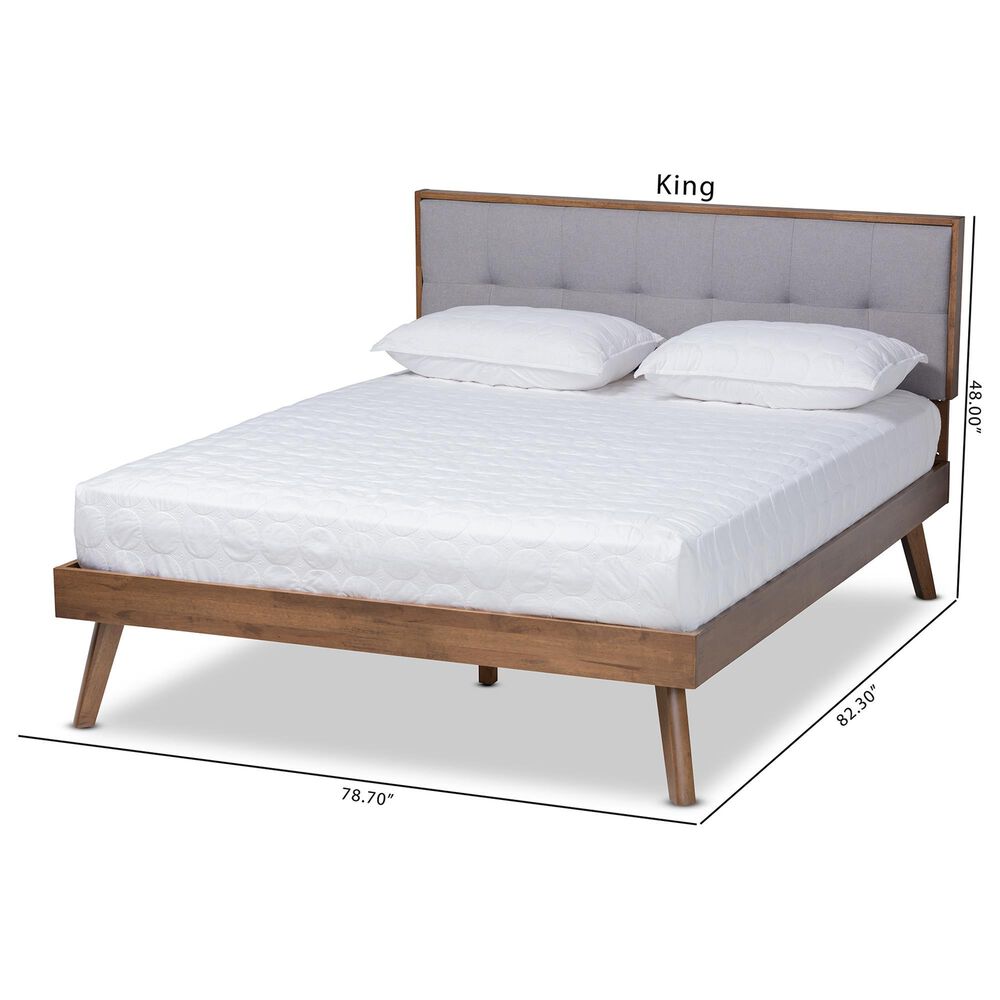 Baxton Studio Alke King Platform Bed with Light Grey Fabric in Walnut Brown, , large