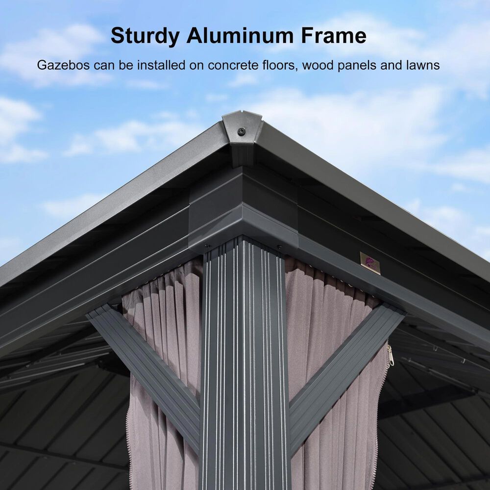 HOMLUX 8' x 8' Outdoor Hardtop Gazebo with Galvanised Steel Roof, Netting, and Curtains in Grey, , large