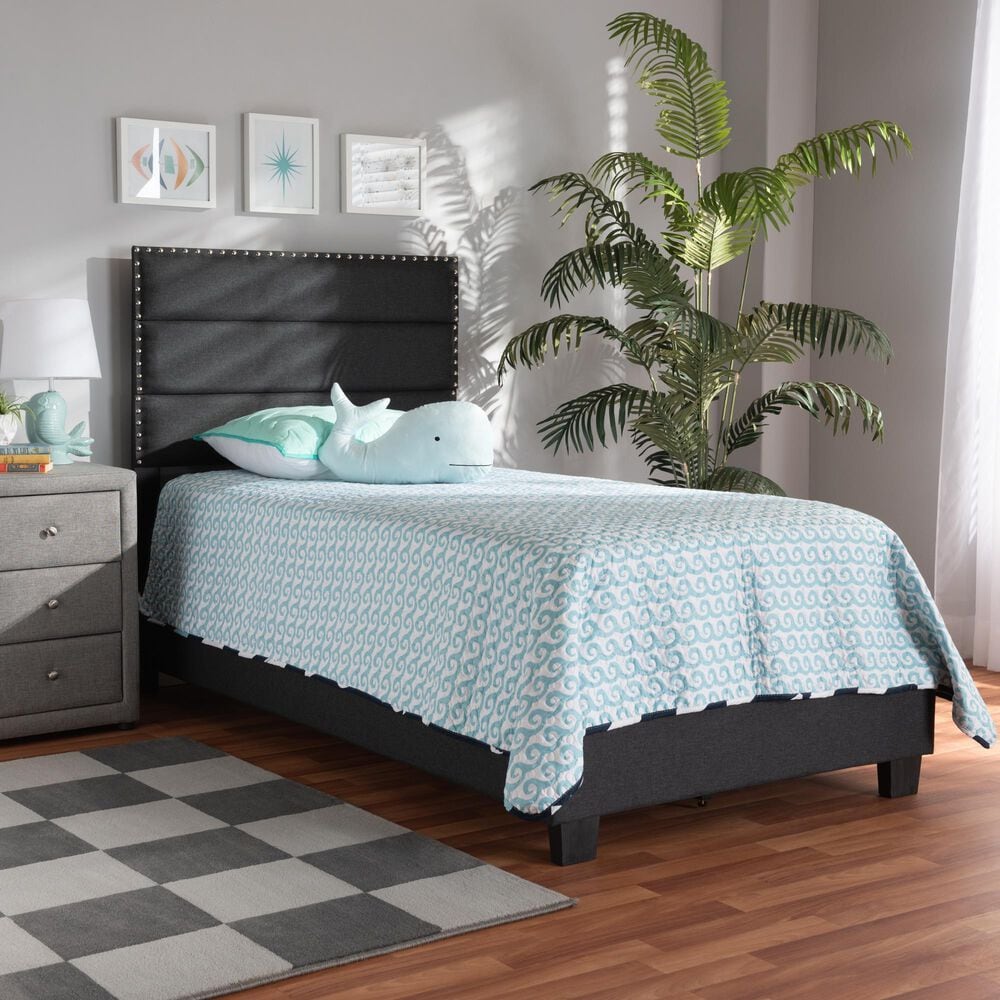 Baxton Studio Ansa Twin Panel Bed with Dark Grey Upholstered in Black, , large