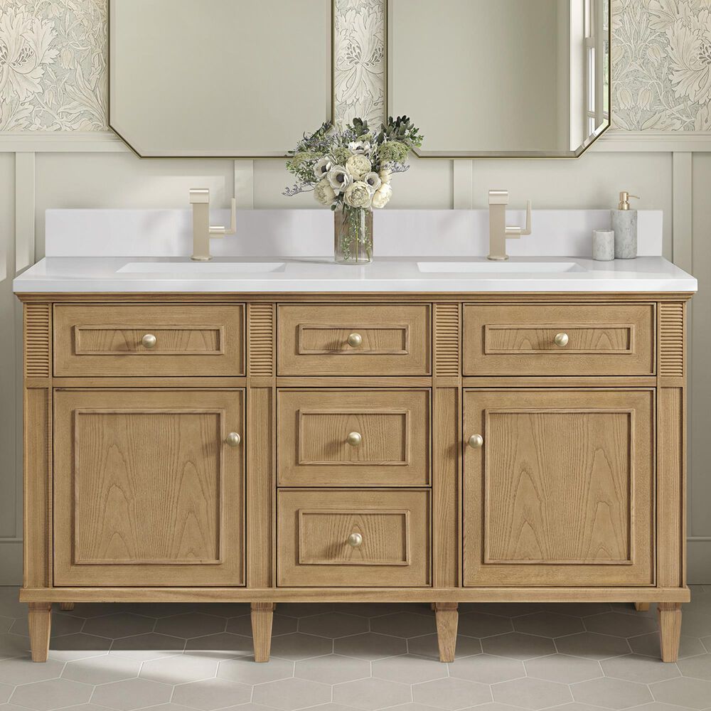 James Martin Vanities Lorelai 60&quot; Double Vanity in Light Natural Oak with 3 cm Arctic Fall Solid Surface Top, , large