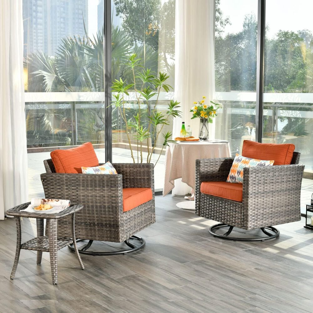 HOMLUX 3-Piece Patio Conversation Set with Square-Arm Swivel Rocking Chairs in Orange, , large