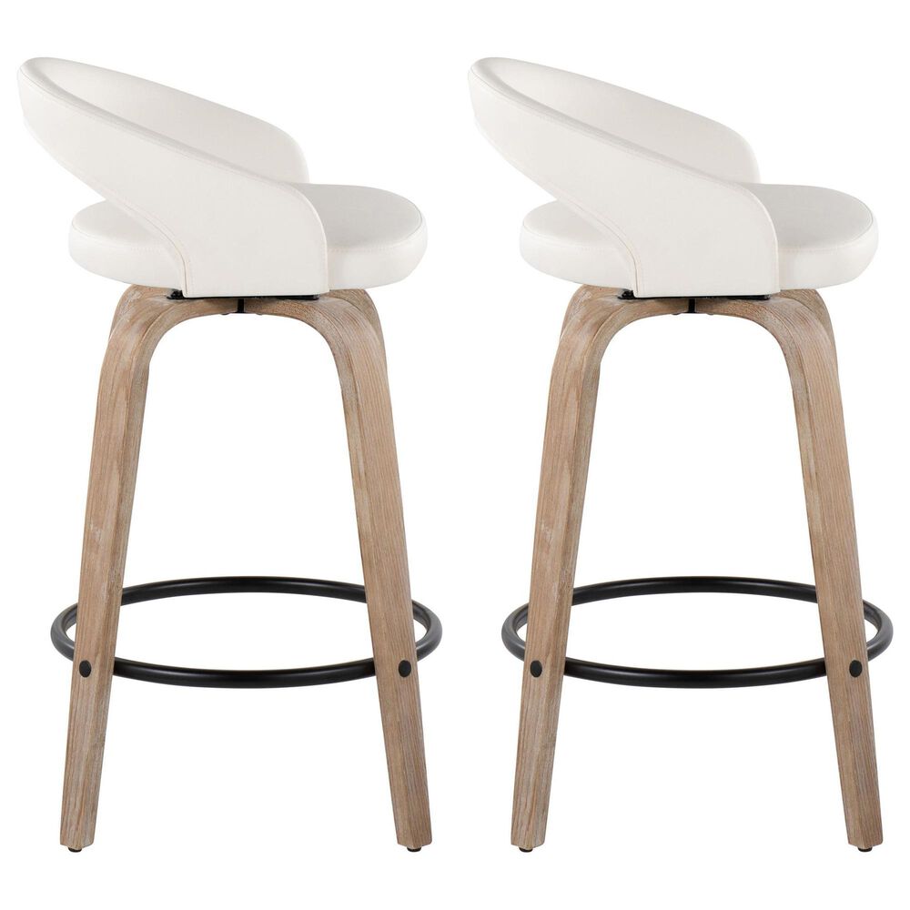 LumiSource Grotto Swivel Counter Stool with White Faux Leather Upholstery in Whitewashed Wood and Black (Set of 2), , large