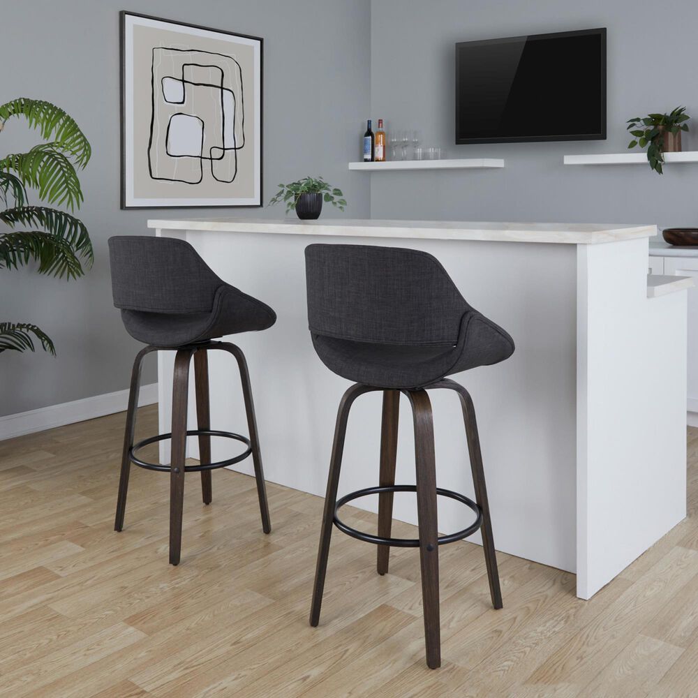 LumiSource Fabrico 30" Swivel Fixed-Height Bar Stool with Charcoal Fabric Upholstery in Black and Glazed Walnut (Set of 2), , large