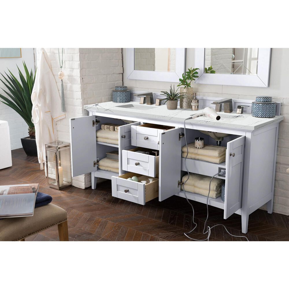 James Martin Vanities Palisades 72&quot; Double Bathroom Vanity in Bright White with 3 cm Ethereal Noctis Quartz Top and Rectangular Sinks, , large