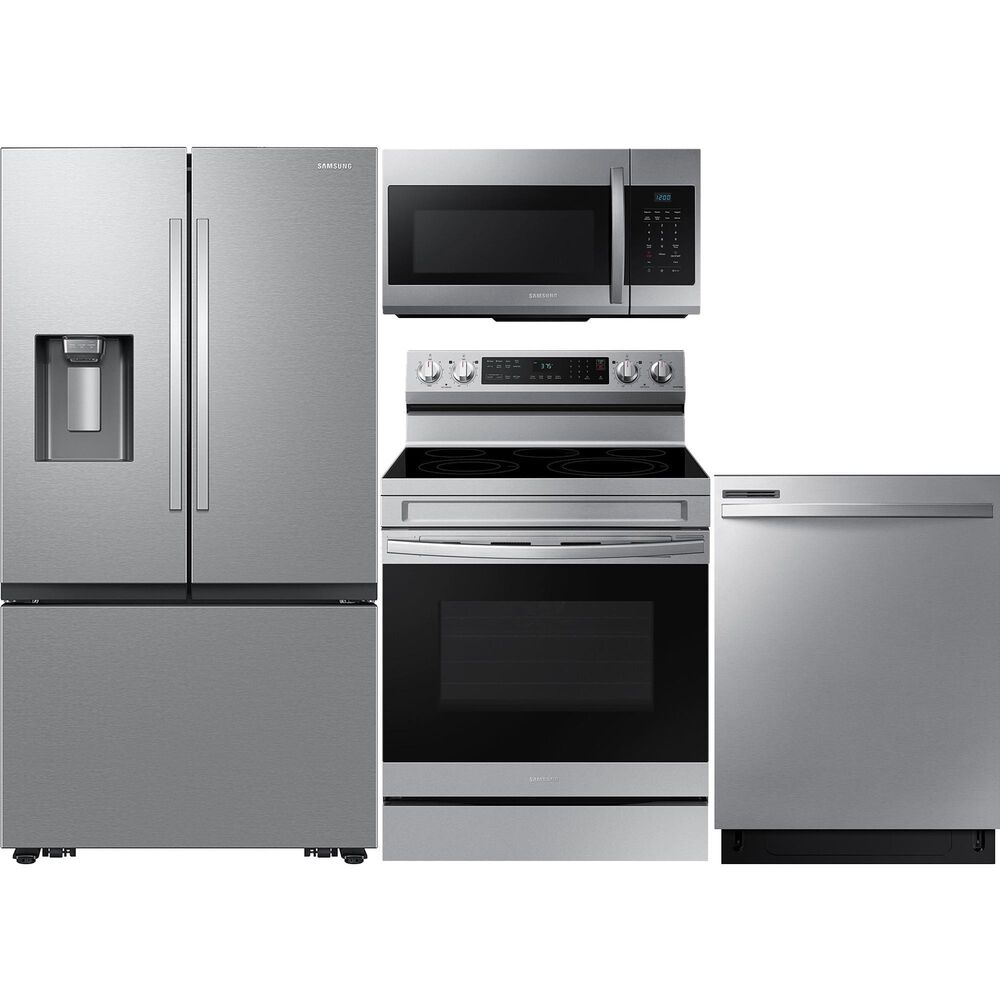 Samsung 4pc Kitchen Package with 31 Cu. Ft. 3-Door French Door Refrigerator, 6.3 Cu. Ft. Freestanding Electric Range with Air Fry and Wi-Fi, 1.7 Cu. Ft. Over-the-Range Microwave, and 24" Built-In Dishwasher with Adjustable Rack in Stainless Steel, , large