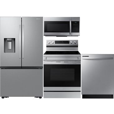 Samsung 4pc Kitchen Package with 31 Cu. Ft. 3-Door French Door Refrigerator, 6.3 Cu. Ft. Freestanding Electric Range with Air Fry and Wi-Fi, 1.7 Cu. Ft. Over-the-Range Microwave, and 24" Built-In Dishwasher with Adjustable Rack in Stainless Steel, , large