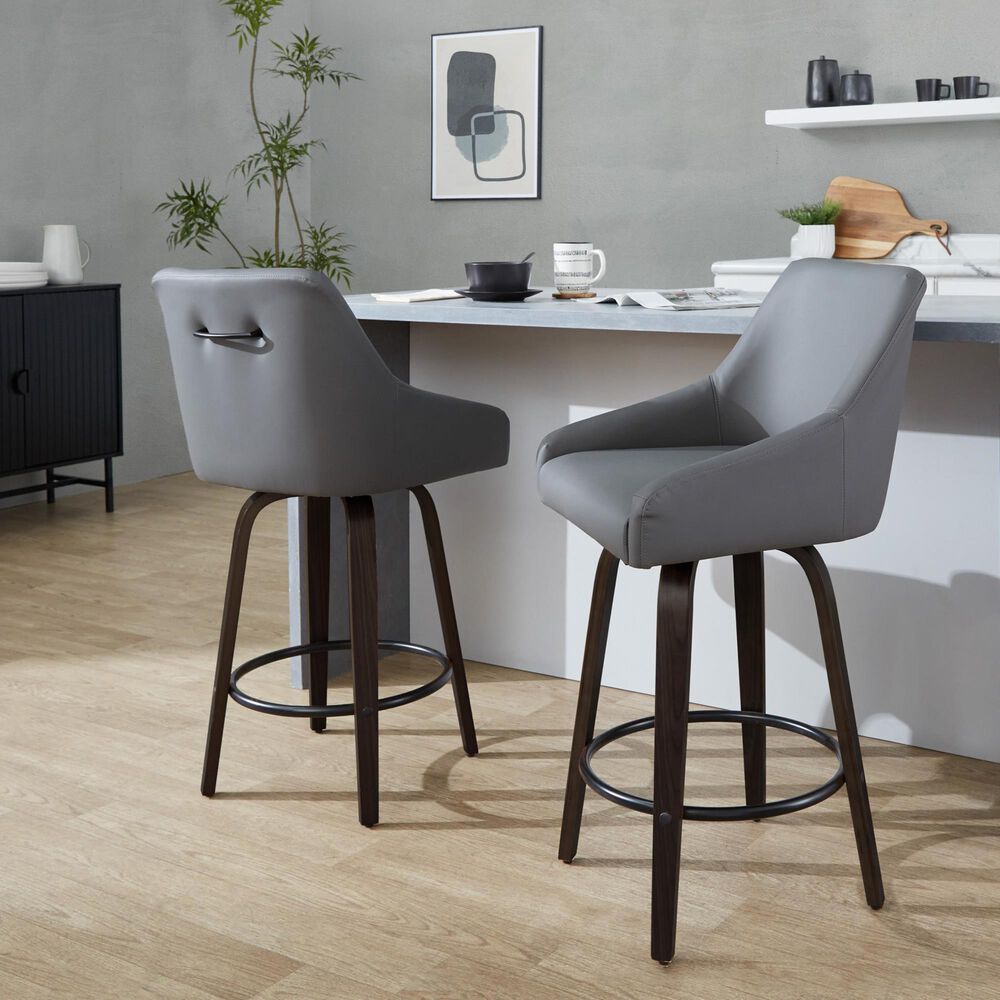 LumiSource Hannah Swivel Counter Stool with Dark Grey Faux Leather Upholstery in Walnut and Black (Set of 2), , large