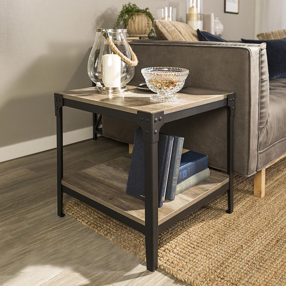 Walker Edison Angle Iron Rustic End Table in Grey Wash (Set of 2
