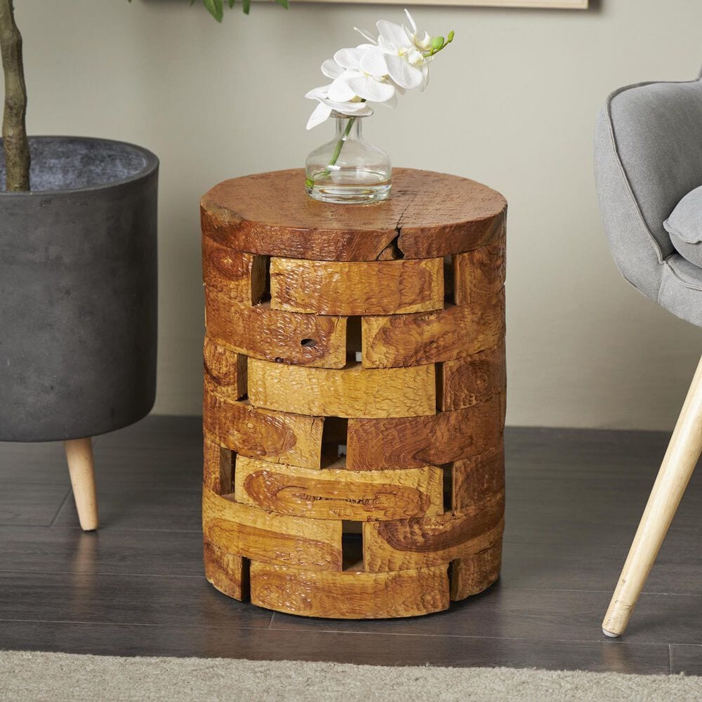 Maple and Jade Handmade Live Edge Drum Accent End Table in Brown, , large