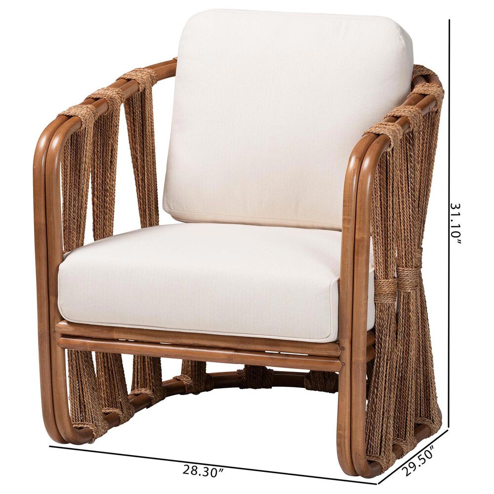 Baxton Studio Westham Arm Chair with Light Brown Rattan in White, , large