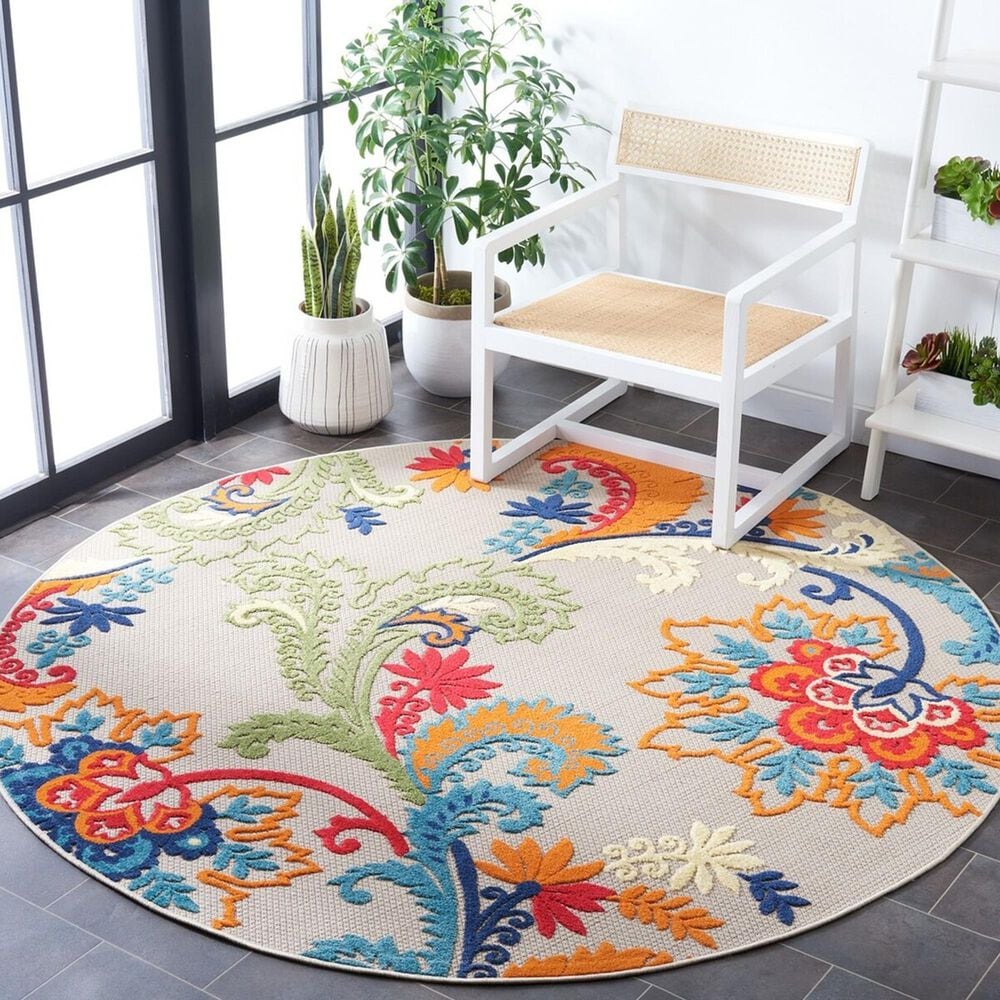 Safavieh Cabana CBN305A 6&#39;7&quot; Round Ivory and Blue Indoor/Outdoor Area Performance Rug, , large
