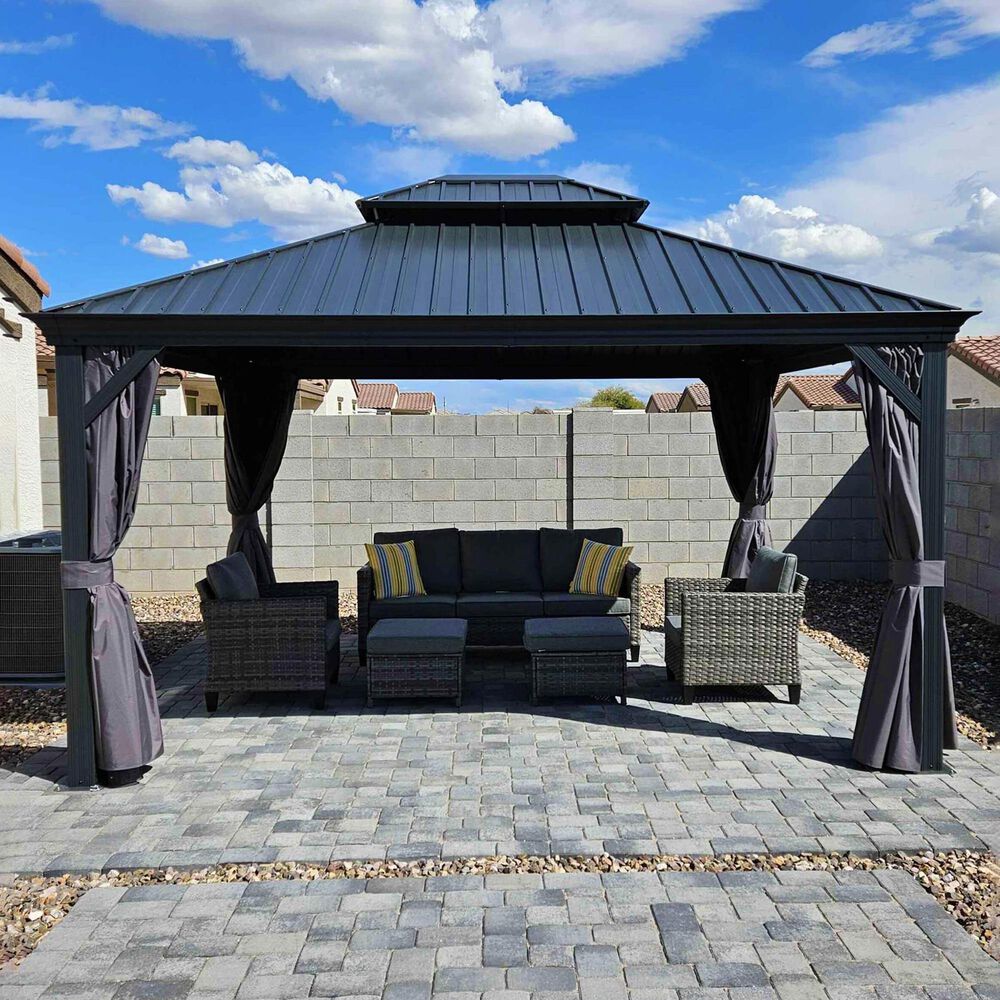 HOMLUX 14-ft x 12-ft Aluminum Permanent Outdoor Gazebo Gray Gazebo with Hardtop Roof (Screen Included), , large