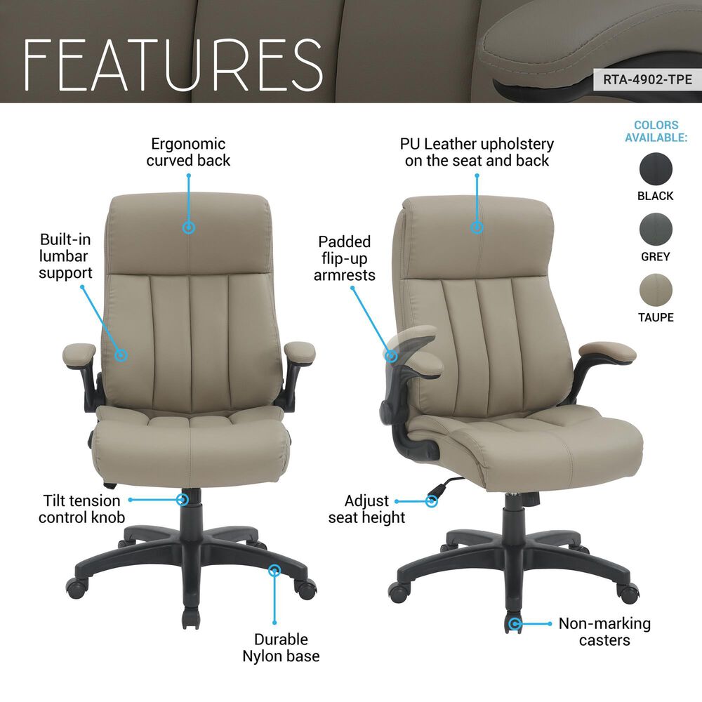 Rta Products Llc Ultra-Padded Executive Office Chair with Flip-Up Armrests in Taupe, , large