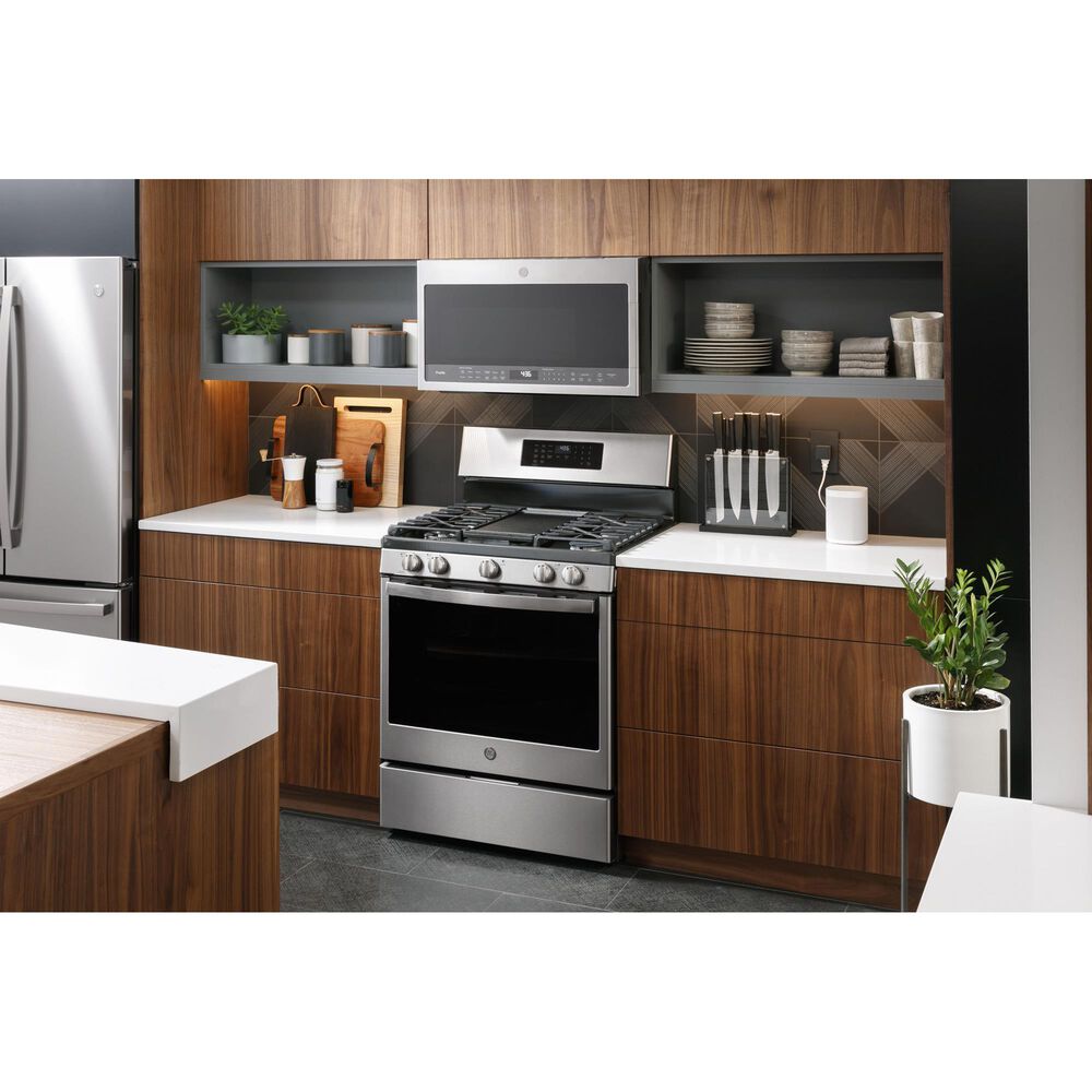 GE Profile 5.6 Cu. Ft. Smart Free-Standing Gas Range and 2.1 Cu. Ft. Over-the-Range Sensor Microwave Oven in Fingerprint Resistant Stainless Steel, , large
