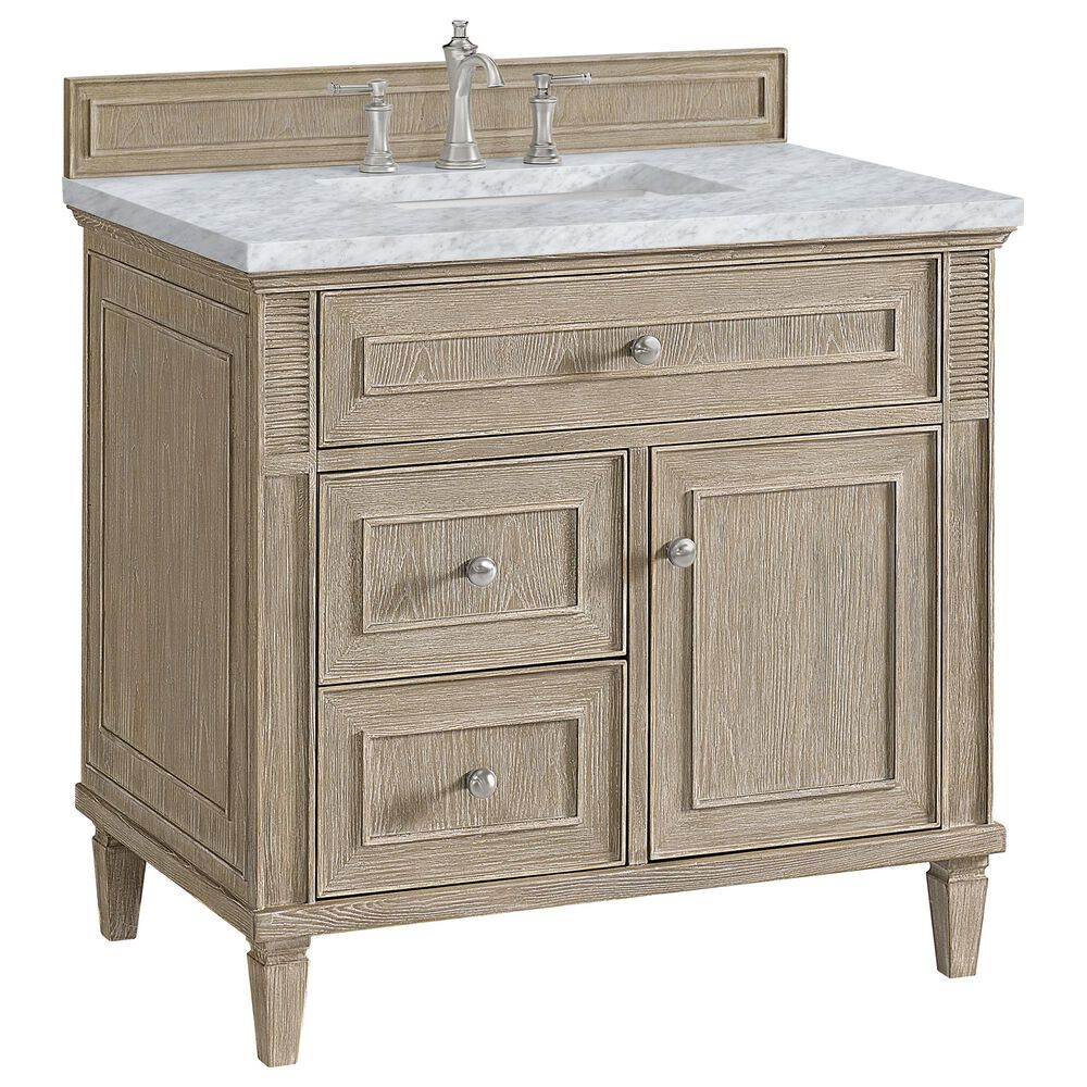 James Martin Vanities Lorelai 36" Single Vanity in Whitewashed Oak with 3 cm Carrara White Marble Top, , large