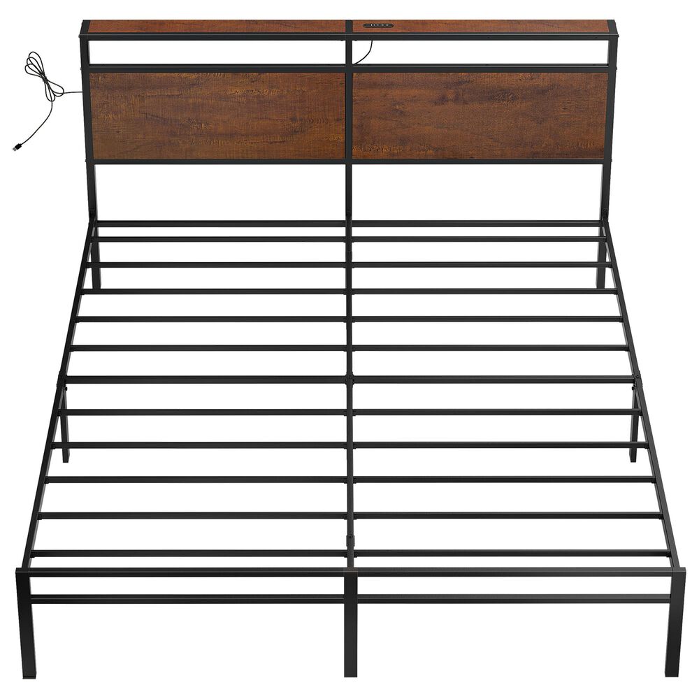 HOMLUX Industrial King Platform Bed with LED Headboard and Charging Station in Rustic Brown, , large