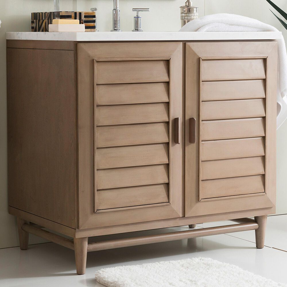 James Martin Vanities Portland 36&quot; Single Bathroom Vanity in Whitewashed Walnut with 3 cm Arctic Fall Solid Surface Top and Rectangular Sink, , large