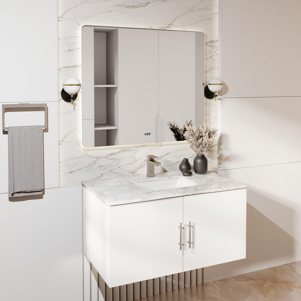 Lexora Home Geneva 36" Single Bathroom Vanity in Glossy White with 2 cm White Carrara Marble Top and Rectangular Sink, , large