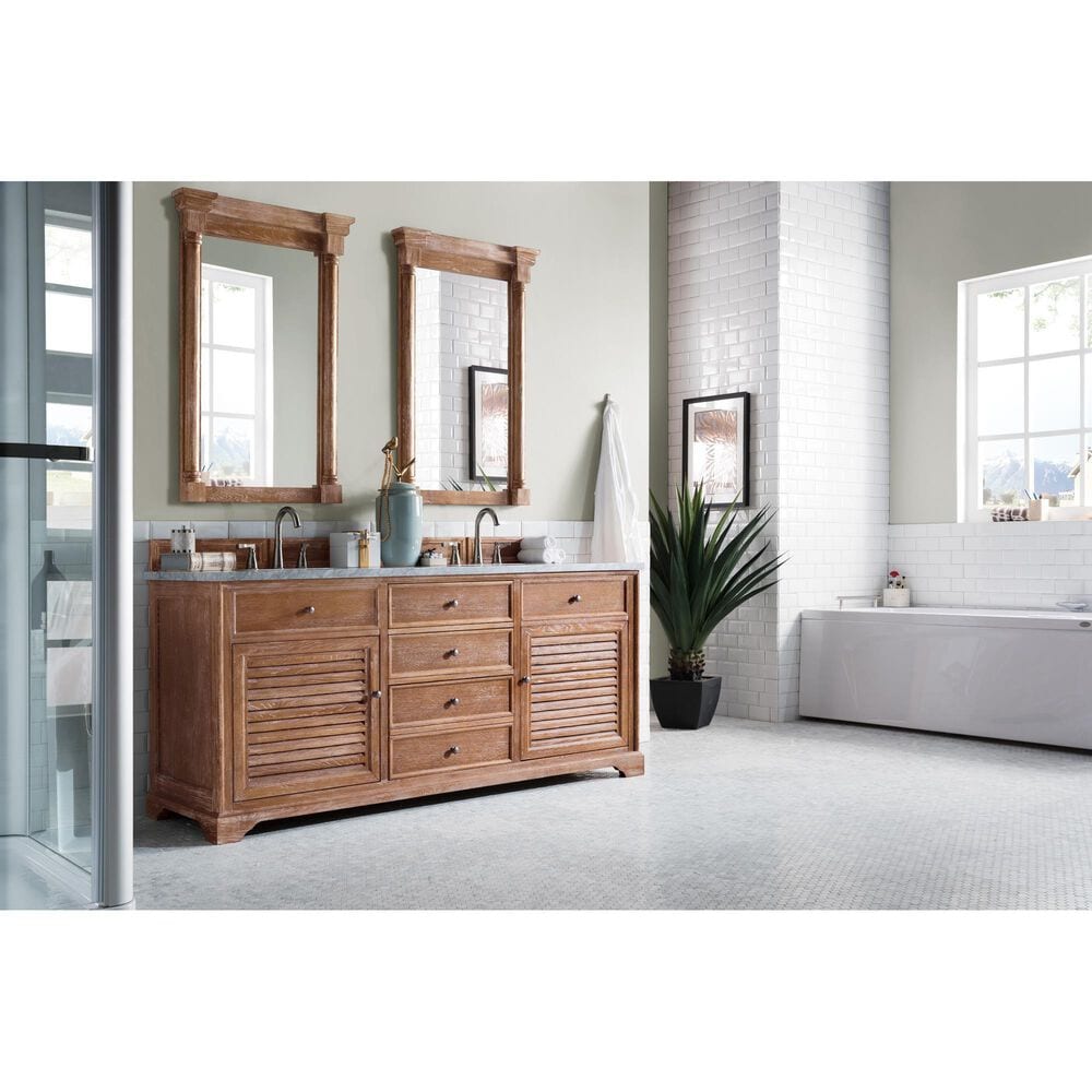 James Martin Vanities Savannah 72&quot; Double Bathroom Vanity in Driftwood with 3 cm Carrara White Marble Top and Rectangular Sinks, , large
