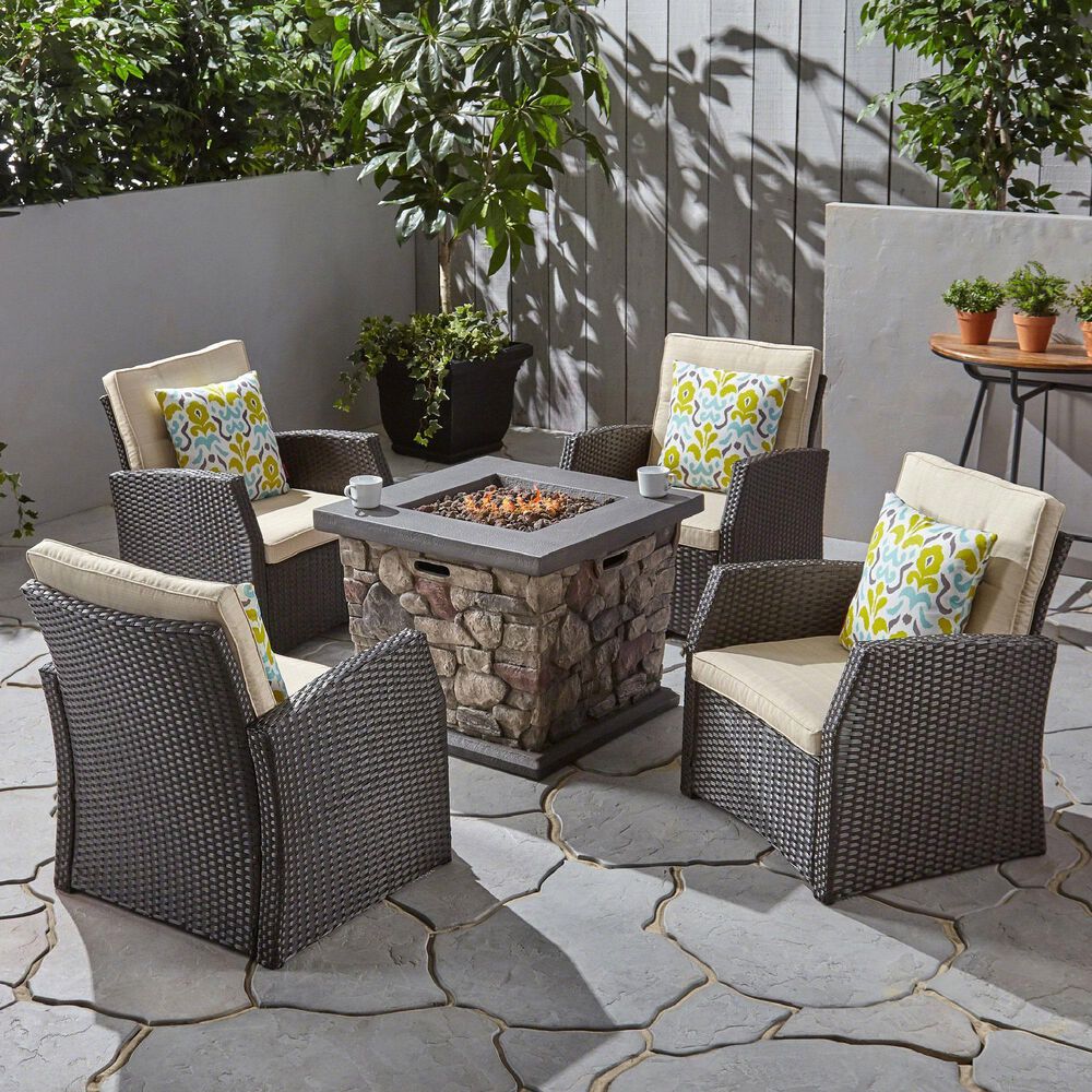 Noble House St. Marta 5-Piece Patio Fire Pit Chat Set in Beige, , large