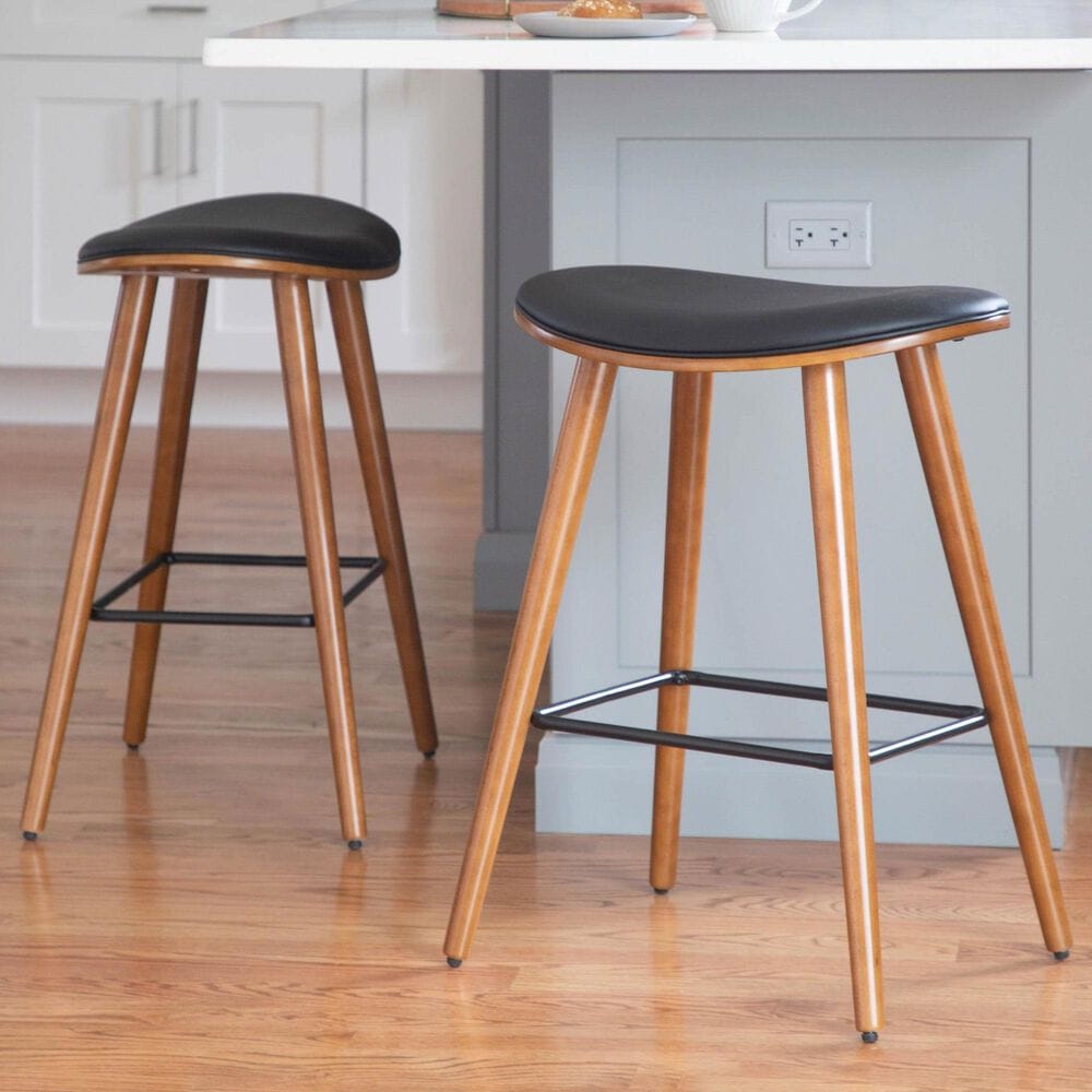 Lumisource Saddle Counter Stool with Black Cushion in Walnut and Black &#40;Set of 2&#41;, , large