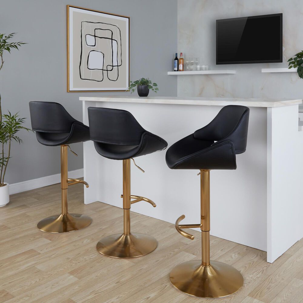LumiSource Fabrico Swivel Adjustable Bar Stool with Black Faux Leather Upholstery and Rounded T Footrest in Gold (Set of 2), , large