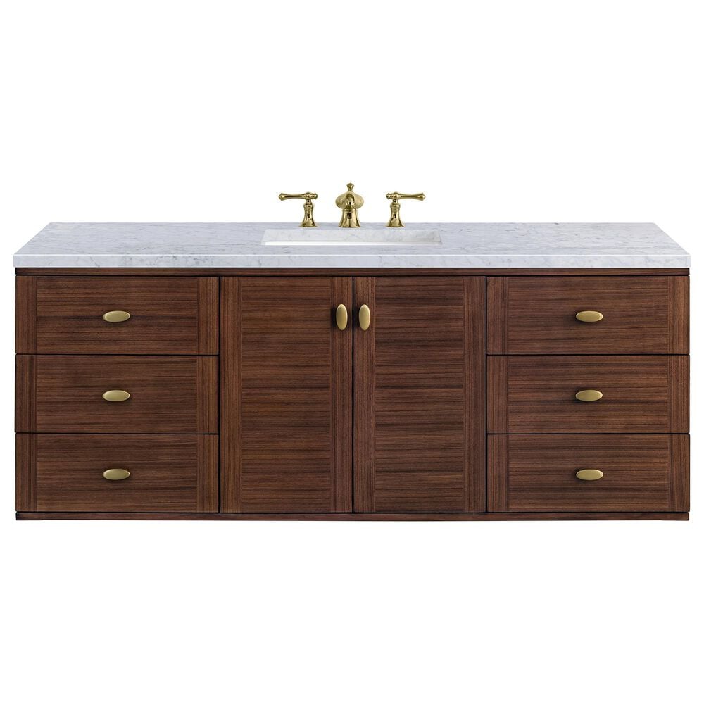 James Martin Vanities Amberly 60&quot; Single Bathroom Vanity in Walnut with 3 cm Carrara White Marble Top and Rectangular Sink, , large