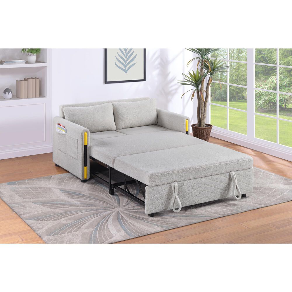 HOMLUX 55.5" Stationary Teddy Dual-Pull Sleeper Loveseat with Side Pockets in Beige Velvet, , large
