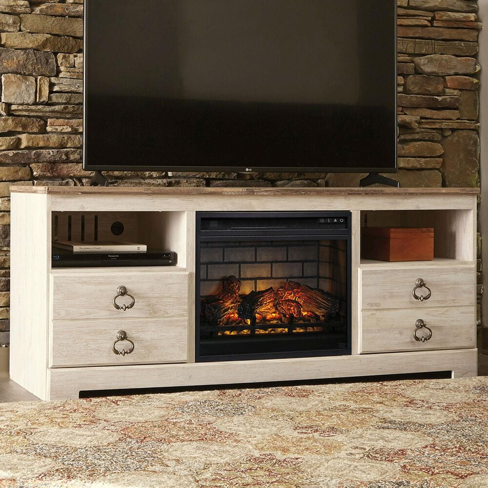 Signature Design by Ashley Willowton 64 TV Stand with Electric Fireplace  Insert in Whitewash | NFM