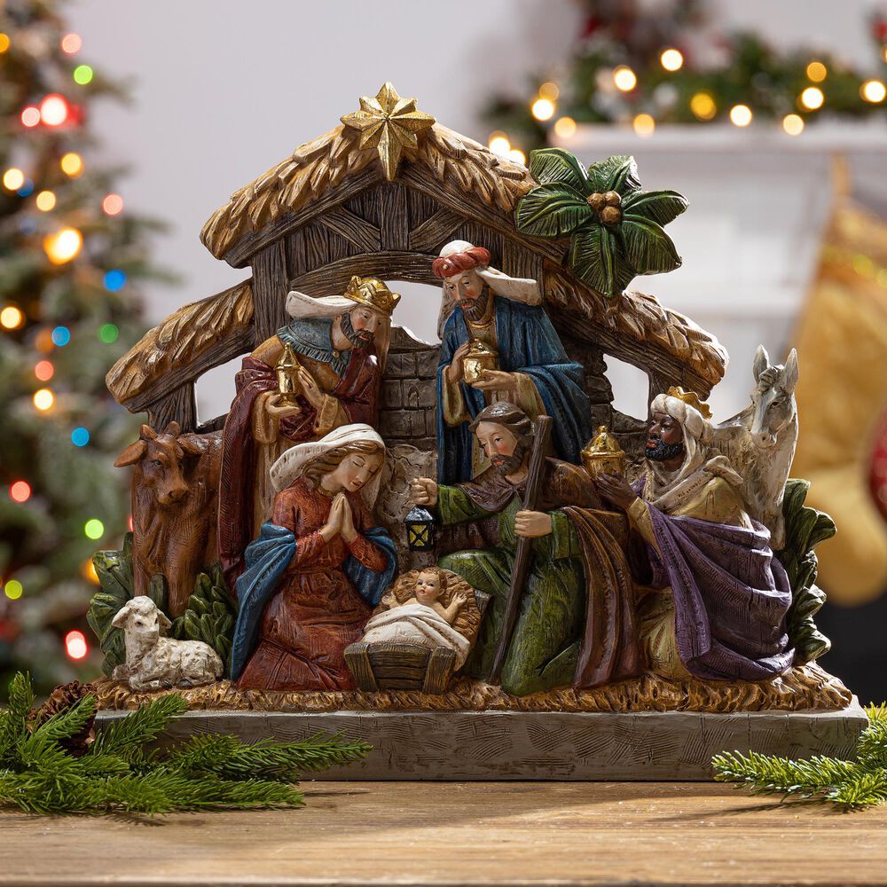The Gerson Company Lighted Resin Nativity Stable with Figurines in Multicolor, , large