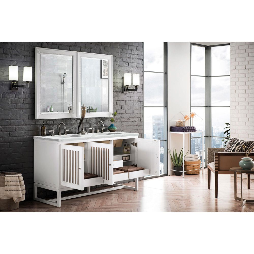 James Martin Vanities Athens 60&quot; Double Bathroom Vanity in Glossy White with 3 cm Ethereal Noctis Quartz Top and Rectangular Sinks, , large