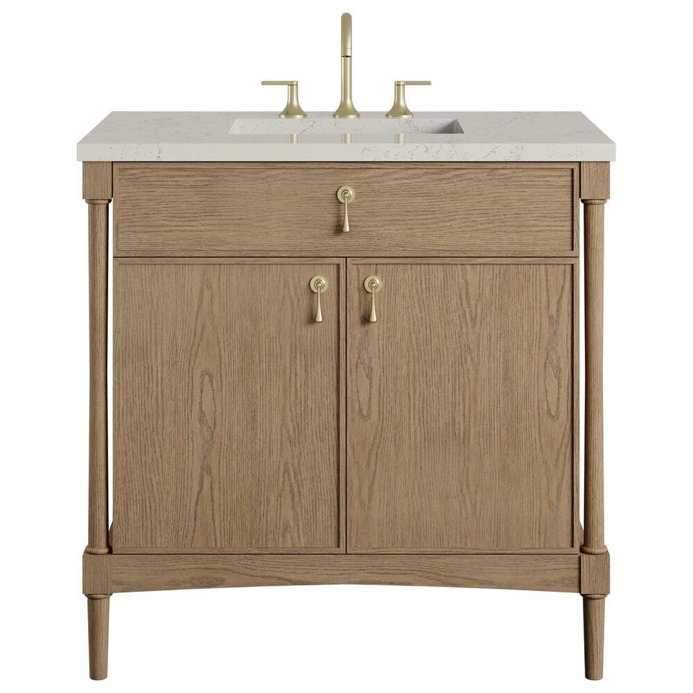 James Martin Kinnsden 36" Single Bathroom Vanity in Weathered Oak with 3 cm Siberian Silestone Top and Rectangular Sink, , large