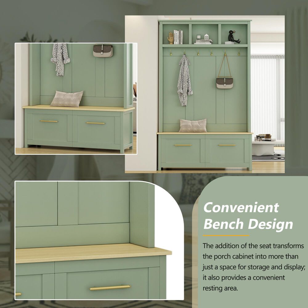 HOMLUX 6-Hook Hall Tree with 2-Drawer in Green, , large