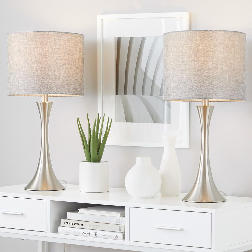 LumiSource Lenuxe 24" Metal Table Lamp with Grey Linen Shade in Brushed Nickel (Set of 2), , large