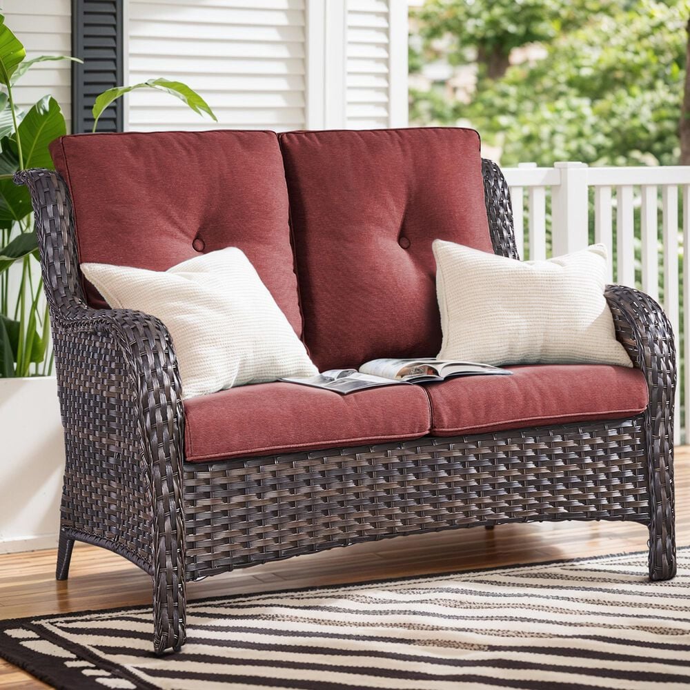 Sunwell Garden Patio Loveseat with Brown Frame in Red, , large