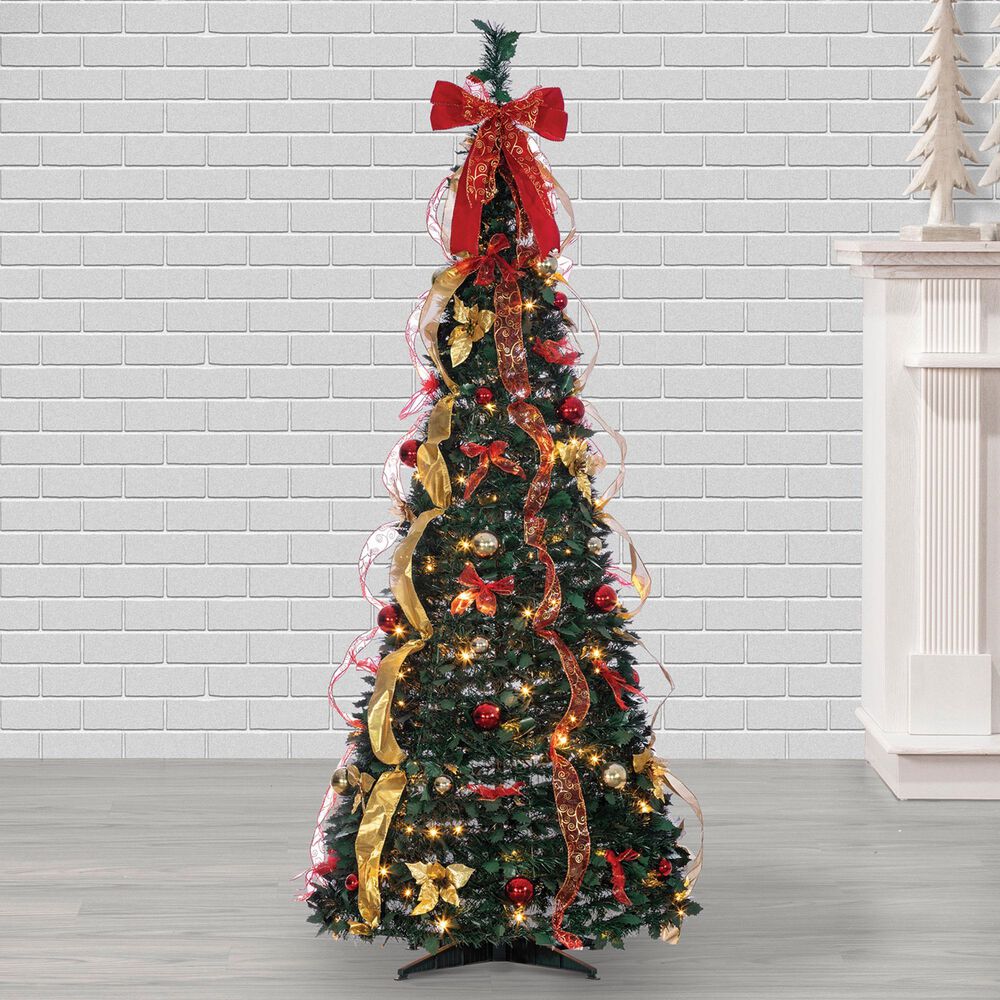 The Gerson Company 6&#39; Pop-Up Decorated Pine Tree with 150 UL Warm White LED Lights in Green, Red and Gold, , large