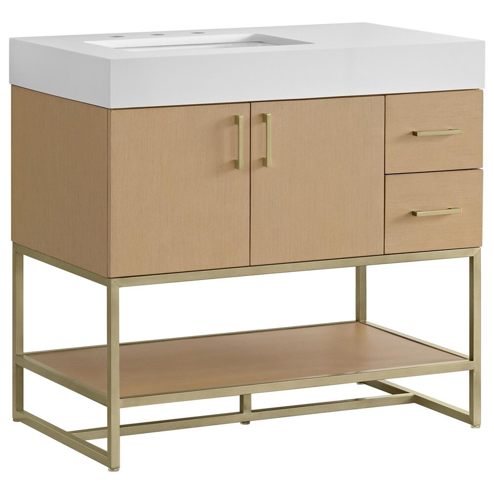 37B Mauri 36" Single Bathroom Vanity with Metal Base in Warm Oak with High-Profile 4" White Composite Stone Top, , large