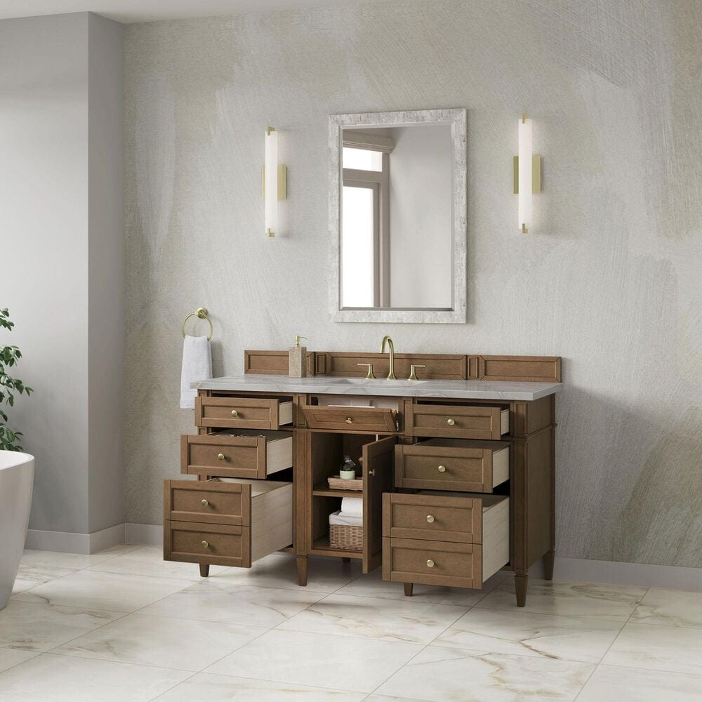 James Martin Brittany 60" Single Bathroom Vanity in Pecan with 3 cm Victorian Silver Silestone Top, Rectangular Sink and FreePower Wireless Charger, , large