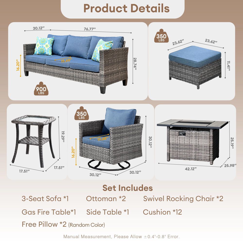 HOMLUX 7-Piece Patio Conversation Set with Rocking Chairs and Fire Pit Table in Denim Blue, , large