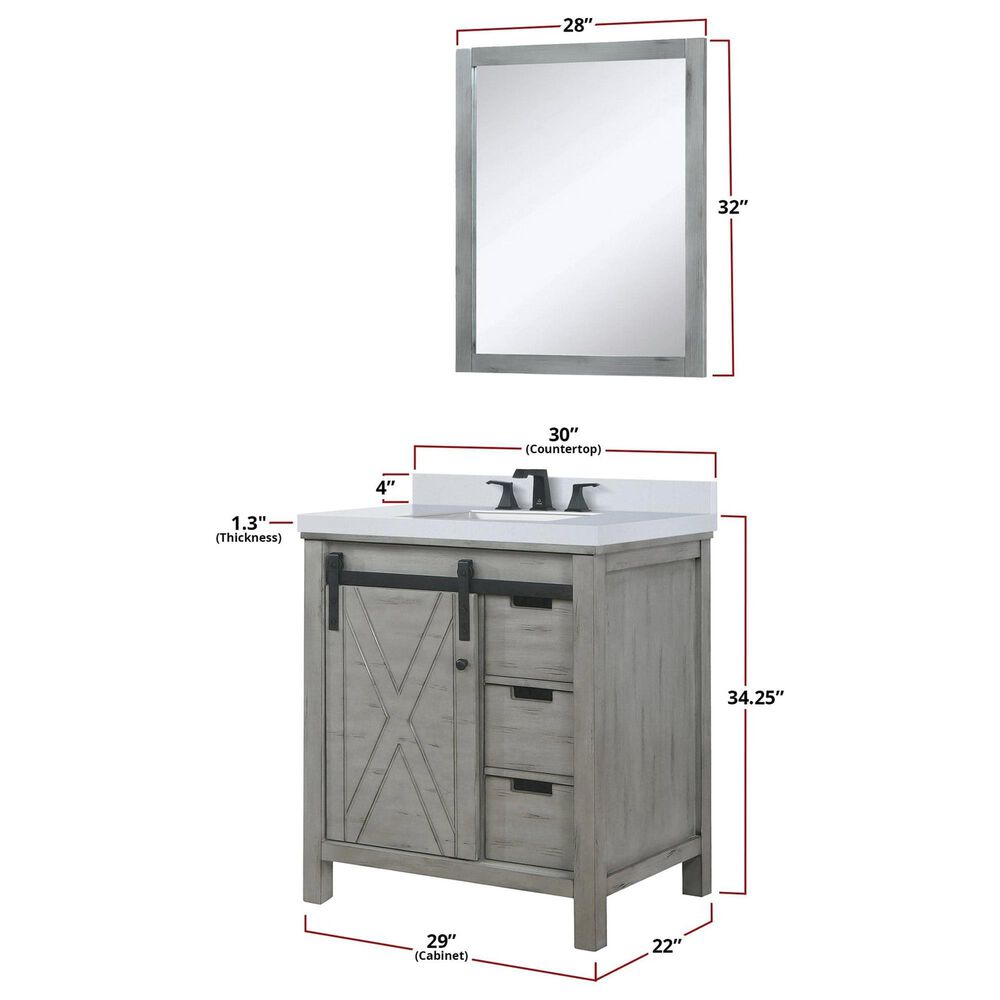 Lexora Home Marsyas 30&quot; Single Bathroom Vanity in Ash Grey with White Quartz Top and Rectangular Sink, , large