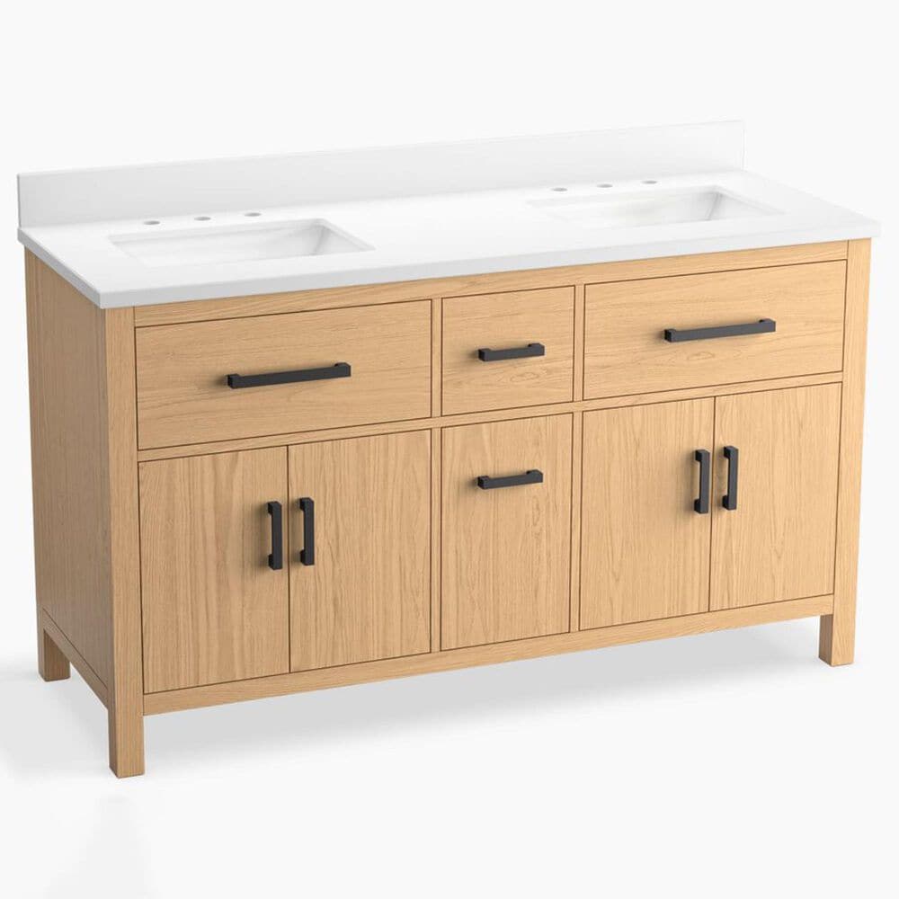 Kohler Kresla 60" Double Bathroom Vanity in Light Oak with 3 cm White Quartz Top and Rectangular Sinks, , large