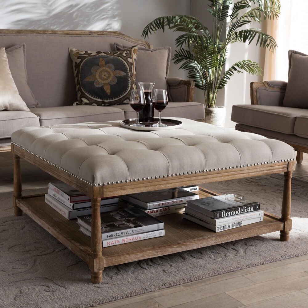 Baxton Studio Carlotta Square Ottoman in Beige, , large