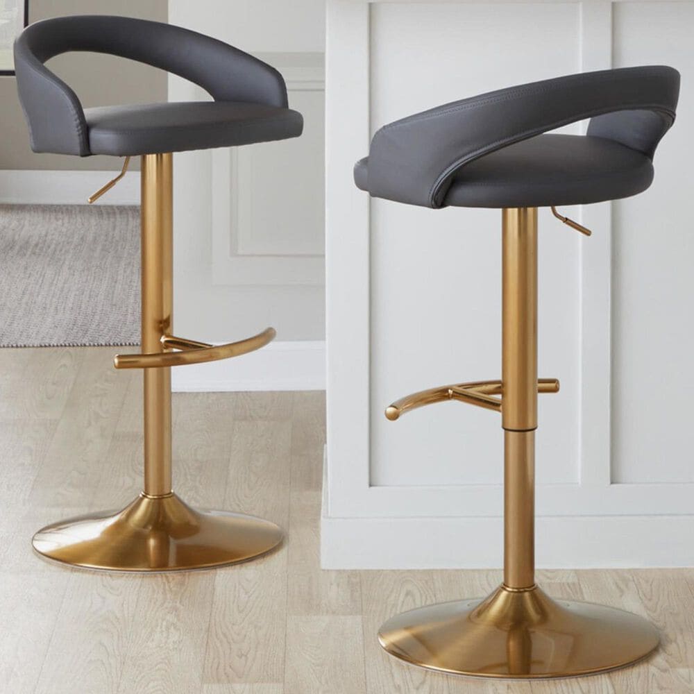 LumiSource Grotto Adjustable Bar Stool with Grey Faux Leather Upholstery in Gold (Set of 2), , large