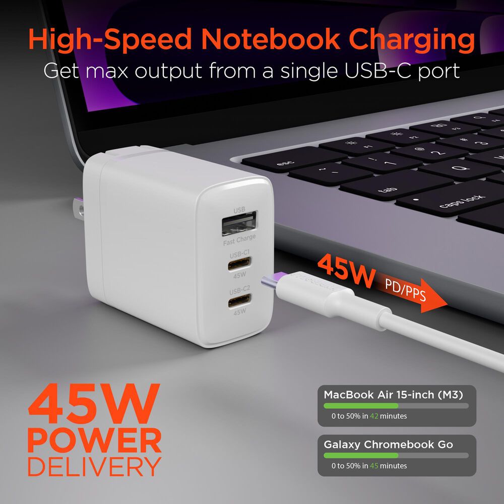 Hypercel SpeedBoost 45W PD Wall Charger with 6ft USB-C Cable in White, , large