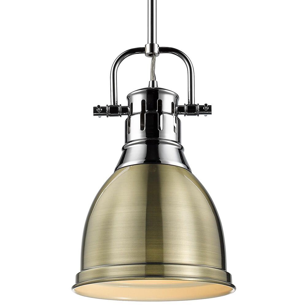 Golden Lighting Duncan 1-Light Small Pendant with Rod and Aged Brass Shade in Chrome, , large
