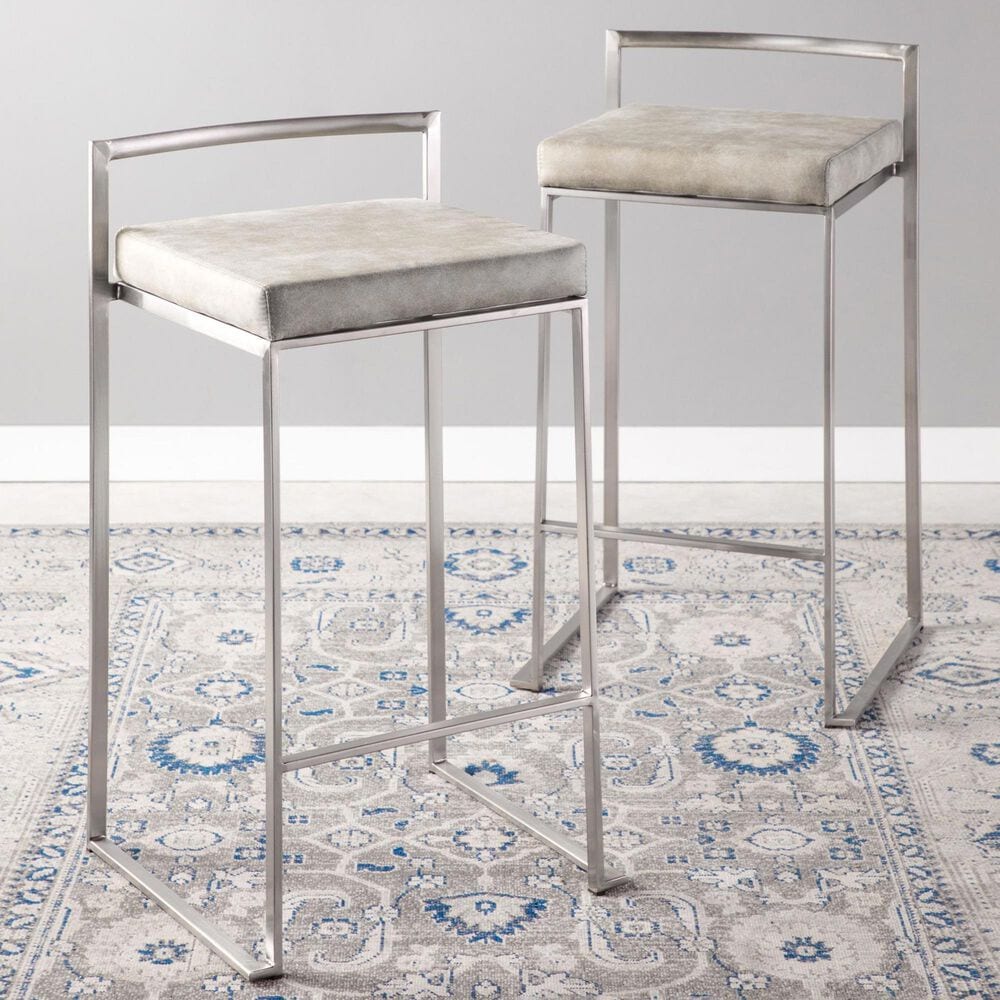 LumiSource Fuji 26" Stacker Counter Stool with Light Grey Cowboy Upholstery in Brushed Stainless Steel (Set of 2), , large