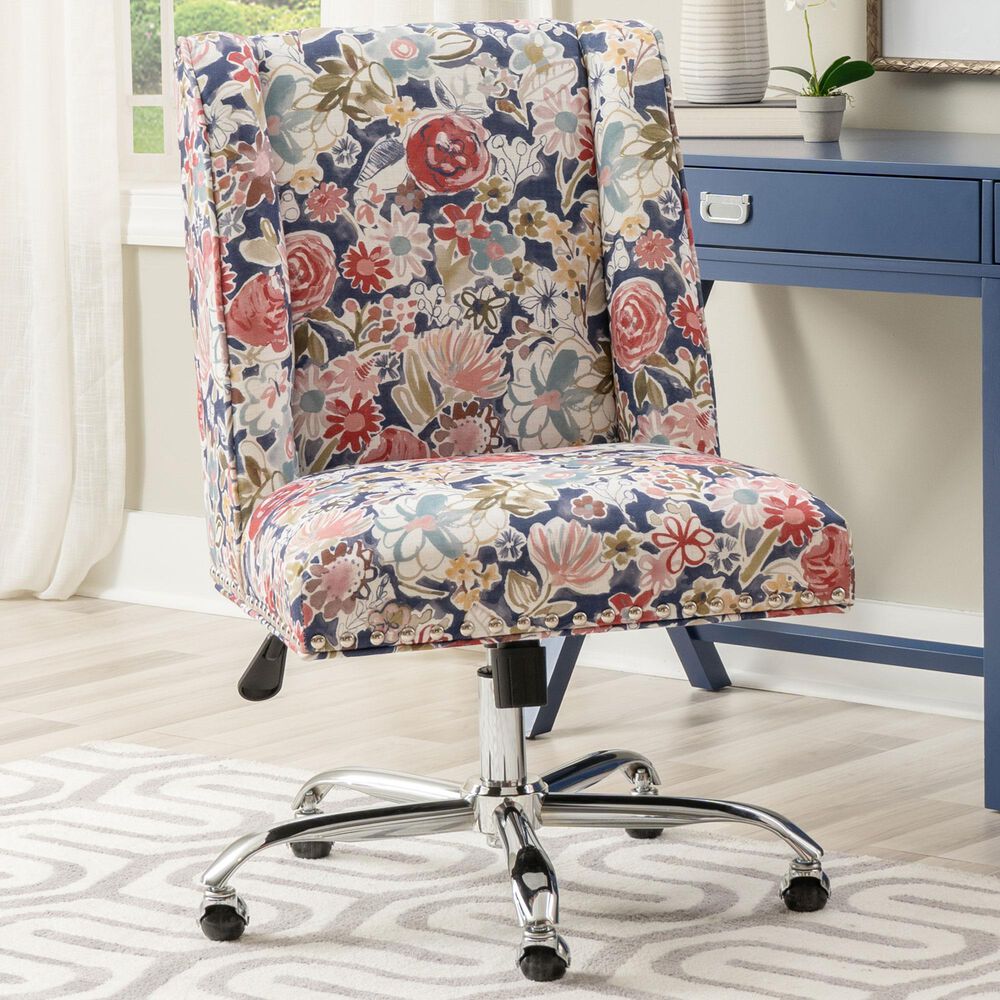 Linon Home Decor Draper Office Chair with Navy Floral Cushion in Silver, , large