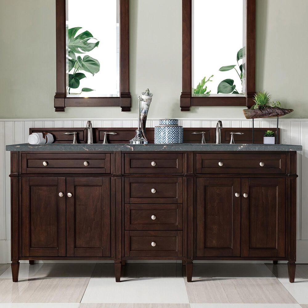James Martin Vanities Brittany 72&quot; Double Bathroom Vanity in Burnished Mahogany with 3 cm Parisien Bleu Quartz Top and Rectangular Sinks, , large