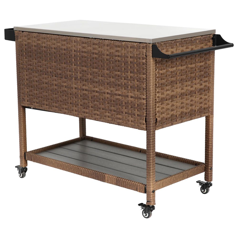 Hearth and Haven Outdoor Wicker Bar Cart with Glass Top in Brown, , large